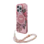 Rausvas dėklas telefonui Apple Iphone 15 Pro Max Guess IML Flowers Pearl Strap MagSafe su gėlėmis ir perlų dirželiu