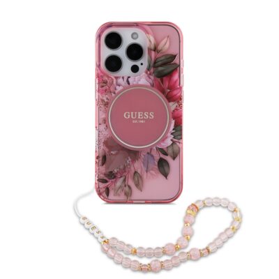 Rausvas dėklas telefonui Apple Iphone 15 Pro Max Guess IML Flowers Pearl Strap MagSafe su gėlių raštais ir rožiniu karoliu