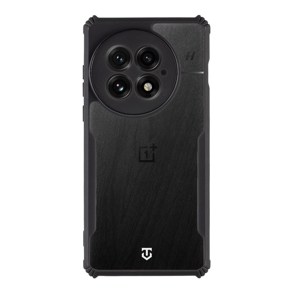 Skaidrus-juodas dėklas Tactical Quantum Stealth telefonui OnePlus 13 Skaidrus-juodas dėklas Tactical Quantum Stealth telefonui OnePlus 13, matomas galinis telefono vaizdas su keturių kamerų moduliu