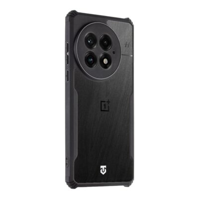 Skaidrus-juodas deklas Tactical Quantum Stealth telefonui OnePlus 13 su matiniu pavirsiumi ir juoda spalva