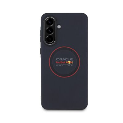 Tamsiai mėlynas dėklas Samsung Galaxy A56 Red Bull PU Leather Red Ring su raudonu žiedu ir Oracle Red Bull Racing logotipu