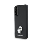 Juodas originalus dėklas Karl Lagerfeld PU Saffiano Metal Karl and Choupette telefonui Samsung Galaxy A36 5G su figūrėlėmis