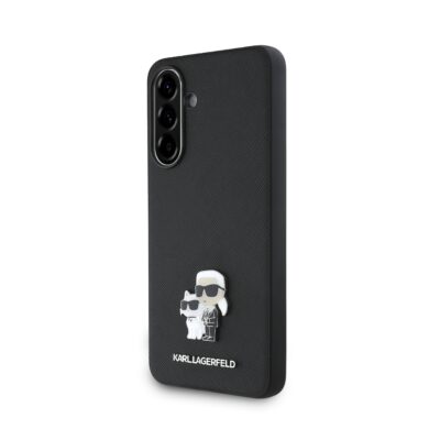 Juodas originalus dėklas Karl Lagerfeld PU Saffiano Metal Karl and Choupette telefonui Samsung Galaxy A36 5G su figūrėlėmis