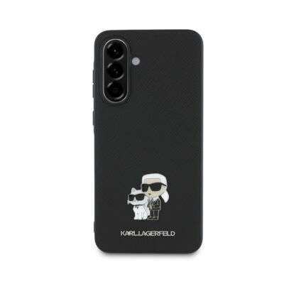 Juodas originalus dėklas Karl Lagerfeld PU Saffiano Metal Karl and Choupette telefonui Samsung Galaxy A36 5G su metaliniu Karl ir Choupette paveikslėliu