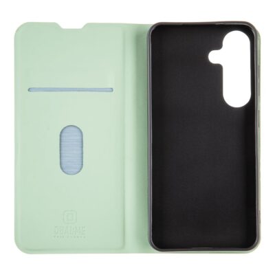 Mėtos spalvos dėklas Samsung Galaxy S25 OBALME SmoothTouch atidarytas rodomas iš vidaus