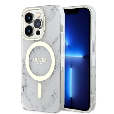 Baltas dėklas telefonui Apple Iphone 13 Pro Guess IML Marble MagSafe su marmuro raštu ir magnetiniu žiedu