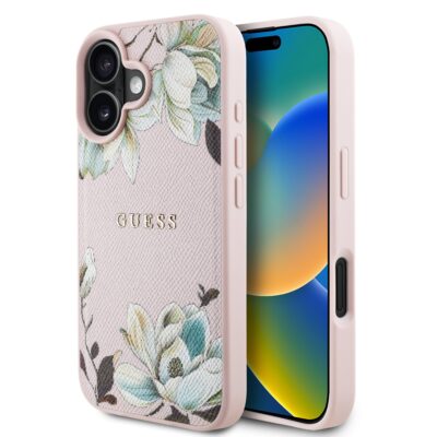 Rausvas dėklas Apple Iphone 16 su išgraviruotu Guess logotipu ir gėlių dekoru