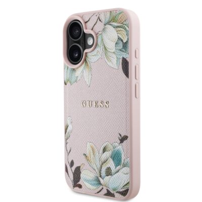 Rausvas dėklas Apple Iphone 16 Guess PU Grained Magnolia MagSafe su gėlių motyvais
