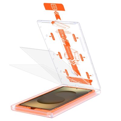 Skaidrus apsauginis stiklas telefonui Samsung Galaxy S25 Ultra Tech-Protect Quick Set 2-Pack su oranžiniu dėklu