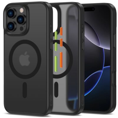 Juodas dėklas telefonui Apple Iphone 16 Pro TECH-PROTECT MAGMAT XT 3-SET MAGSAFE su matine paviršiaus tekstūra ir spalvotais mygtukais