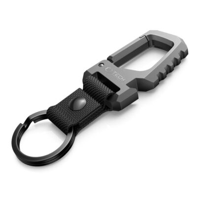 Pilkas raktų pakabukas TECH-PROTECT SLIDELOCK CARABINER KEYCHAIN su juodu dirželiu ir metaliniu žiedu