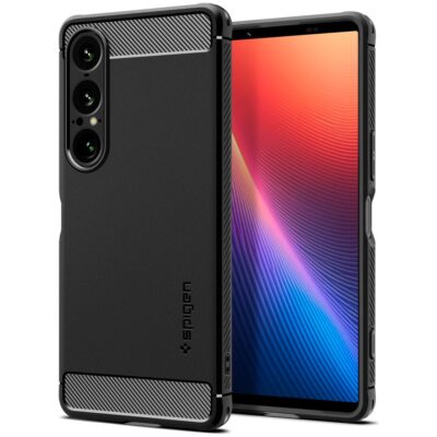 Juodas matinis dėklas Sony Xperia 1 VII Spigen Rugged Armor su tekstūruotais elementais