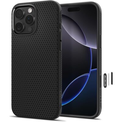 Juodas matinis dėklas Apple Iphone 16 Pro Max su struktūruota tekstūra ir išpjovomis kamerai bei mygtukams