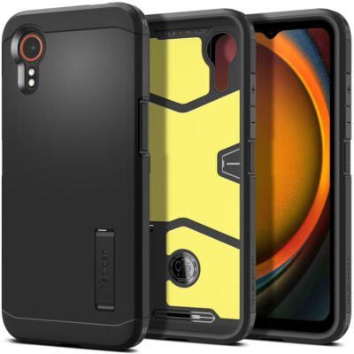 Juodas dėklas Samsung Galaxy Xcover 7 Pro Spigen Tough Armor su išoriniu stovu ir geltonos spalvos vidumi