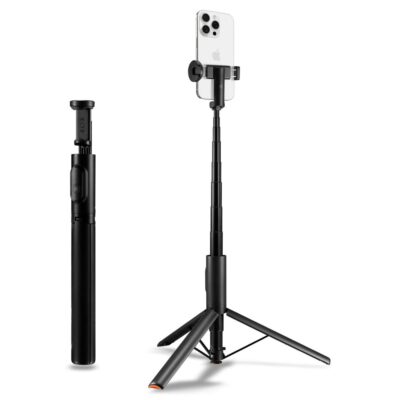 Juoda asmenukių lazda SPIGEN S541W Bluetooth selfie stick trikojis sulankstytu ir isplestu vaizdu