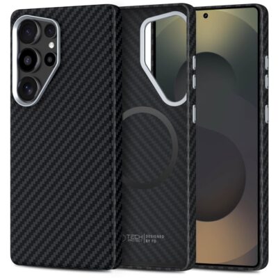 Juodas sidabrinis deklas Samsung Galaxy S25 Ultra Tech-Protect Ion Carbon Magsafe su anglies pluošto tekstūra ir sidabriniu kameros apvadu