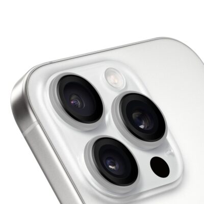 Titano baltas apsauginis stiklas galiniai kamerai Apple iPhone 16 Pro ir 16 Pro Max su apvaliais juodais rėmeliais aplink tris objektyvus