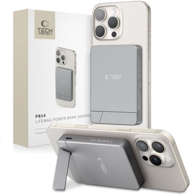Pilka išorinė baterija TECH-PROTECT PB14 LIFEMAG MAGSAFE POWER BANK 5000MAH pritvirtinta prie telefono