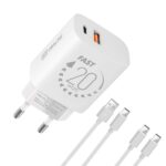 Baltas buitinis pakrovėjas OBAL ME Wall Charger USB A ir USB C 20W su dviem laidais 1m ilgio