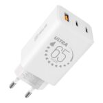 Baltas buitinis pakrovėjas OBALME GaN su USB-A ir dviem USB-C jungtimis 65W galia