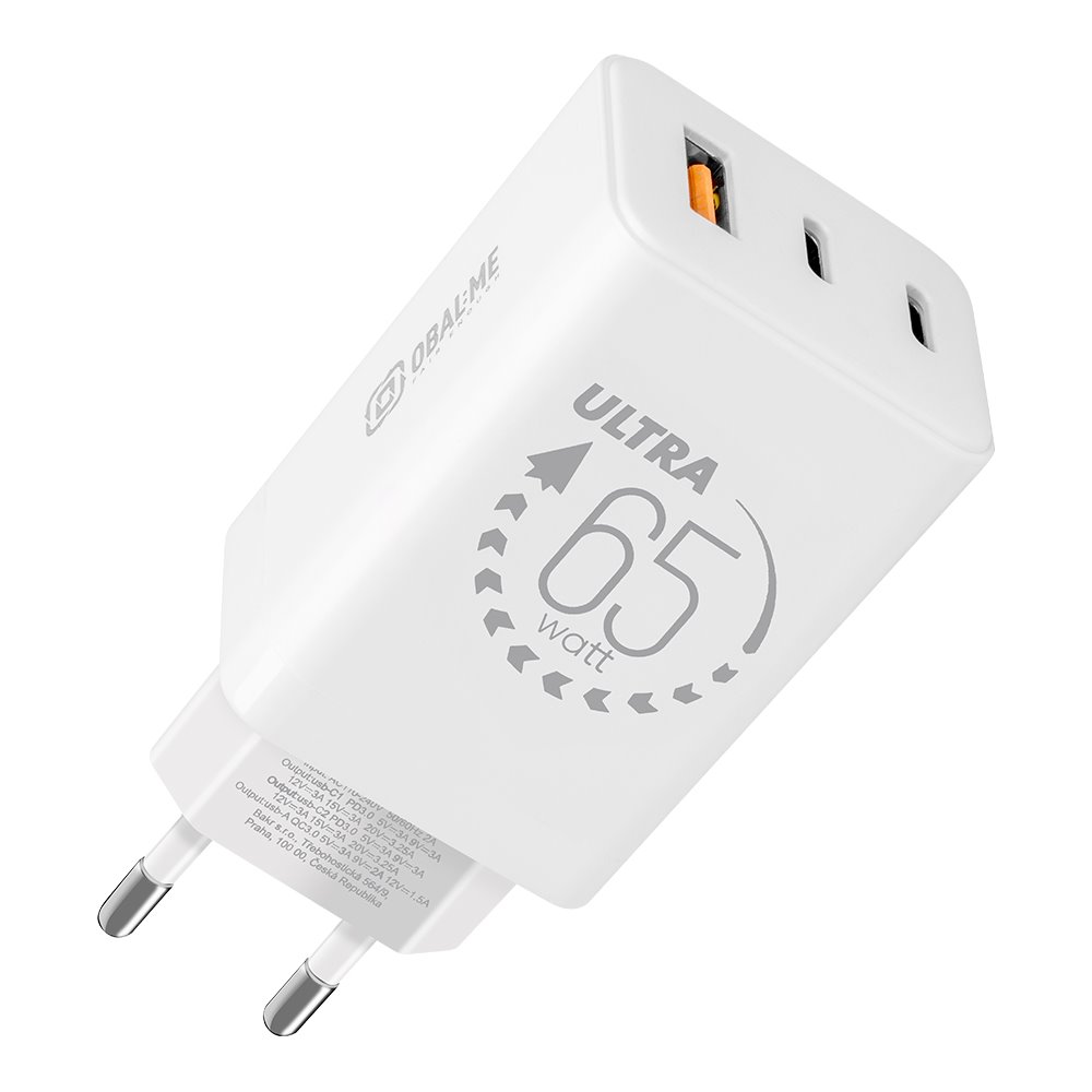 Baltas buitinis pakrovėjas OBALME GaN 65W Baltas buitinis pakrovėjas OBALME GaN su USB-A ir dviem USB-C jungtimis 65W galia