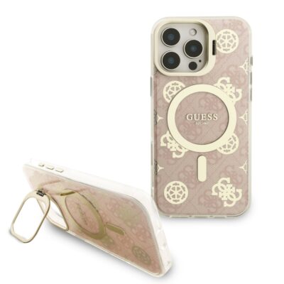Dėklų rinkinys Guess PC TPU Electroplated Stand Camera Frame MagSafe Case Apple Iphone 16 Pro Max rožinės spalvos su metaliniu stovu ir dekoratyviniu piešiniu