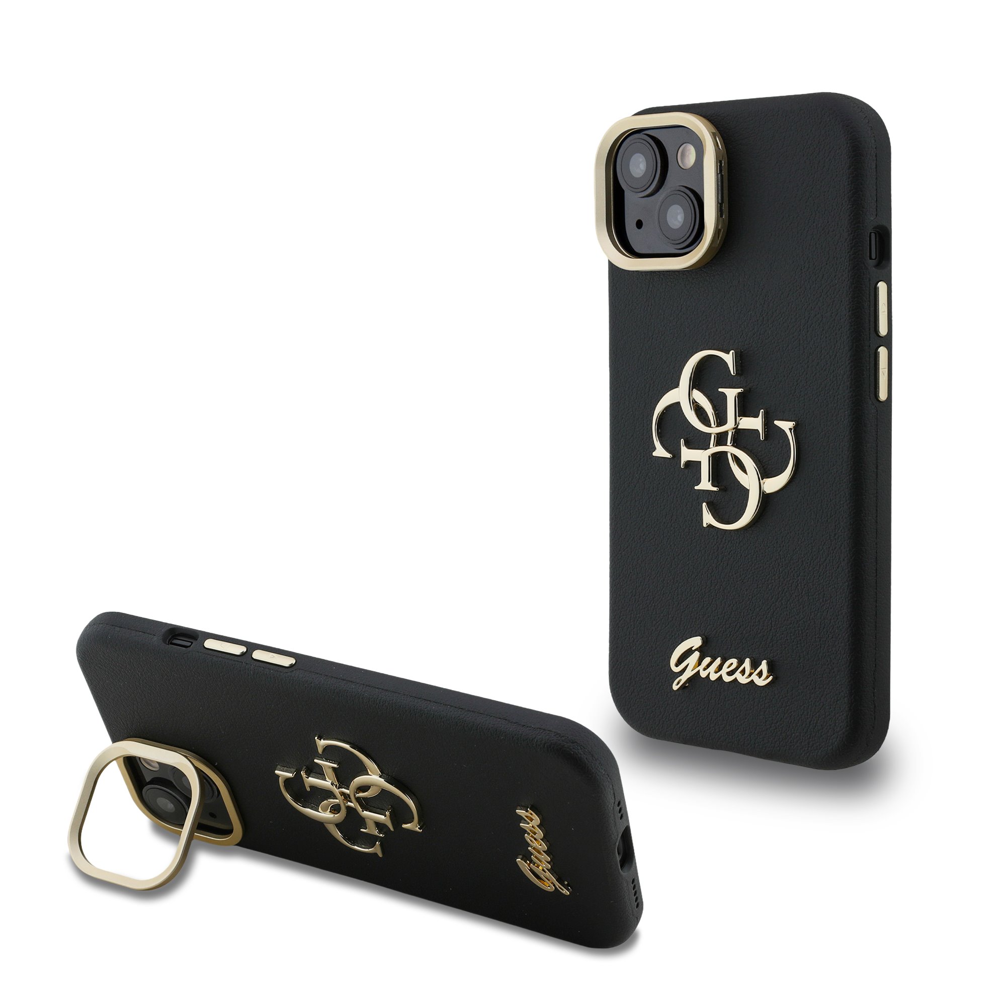 Juodas dėklas telefonui Apple iPhone 15 Guess PU Grained 4G Logo Stand Camera Frame Juodas dėklas telefonui Apple iPhone 15 Guess PU Grained 4G Logo Stand su aukso spalvos logotipu ir stoveliu