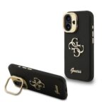 Juodas dėklas telefonui Apple iPhone 16 Guess PU Grained su 4G logotipu ir stoveliu ant kameros