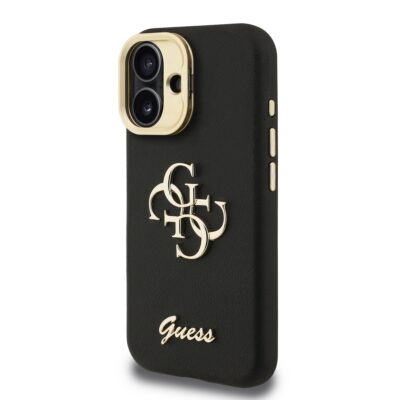 Juodas dėklas telefonui Apple iPhone 16 Guess PU Grained 4G Logo Stand Camera Frame su auksiniu kameros rėmeliu ir logotipu