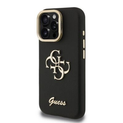 Juodas dėklas telefonui Apple iPhone 16 Pro Guess PU Grained 4G Logo Stand Camera Frame su auksiniu logotipu ir kameros rėmeliu