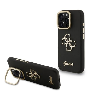 Juodas dėklas telefonui Apple iPhone 16 Pro Max Guess PU Grained su auksinio spalvos logotipu ir stoveliu