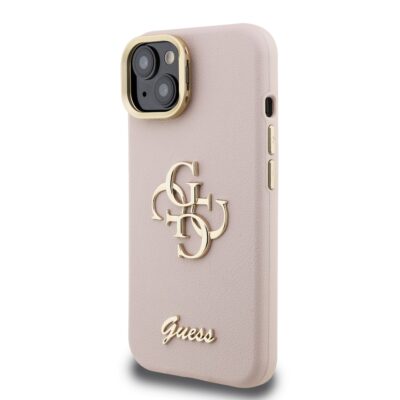 Rausvas dėklas telefonui Apple iPhone 13 Guess PU Grained 4G Logo Stand Camera Frame