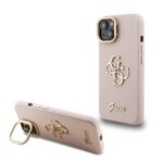 Rausvas dėklas telefonui Apple iPhone 14 Guess PU Grained su logo ir stoveliu