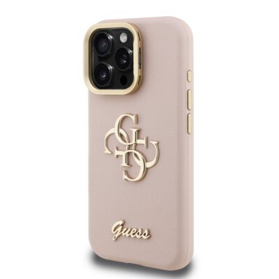 Rausvas dėklas telefonui Apple iPhone 16 Pro Max Guess PU Grained 4G Logo Stand Camera Frame