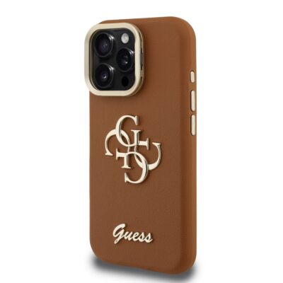 Rudas dėklas telefonui Apple iPhone 15 Pro Max Guess PU Grained 4G Logo Stand Camera Frame