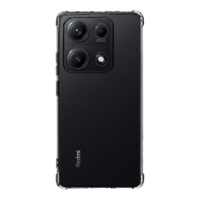 Skaidrus-juodas dėklas Tactical Quantum Stealth telefonui Xiaomi Redmi Note 14S ant juodo telefono su trimis kameromis