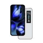 Juodas apsauginis ekrano stikliukas Google Pixel 9a su logotipu OBAL ME