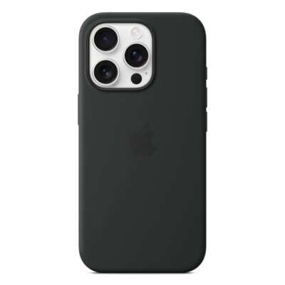 Juodas originalus dėklas MYYJ3ZM/A Silicone Cover Magsafe telefonui Apple iPhone 16 Pro su matiniu paviršiumi ir Apple logotipu