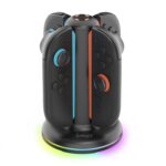 Juoda stotelė Nintendo Switch 2 iPega SW2052 Charger Dock with RGB su įjungtais mėlyno ir raudono mygtukų JoyCon valdikliais