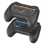 Juodas žaidimų pultų laikiklis Nintendo Switch su mėlynais ir oranžiniais JoyCon valdikliais