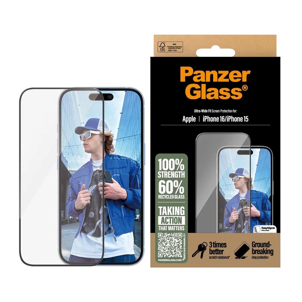 Juodas apsauginis stiklas Apple iPhone 15 / 16 PanzerGlass Juodas apsauginis stiklas telefonui Apple iPhone 15 ir 16 PanzerGlass Tempered Glass UWF