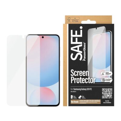 Skaidri apsauginė plėvelė telefonui Samsung Galaxy S24 FE PanzerGlass Screen Protector UWF su pakuote ir telefonu
