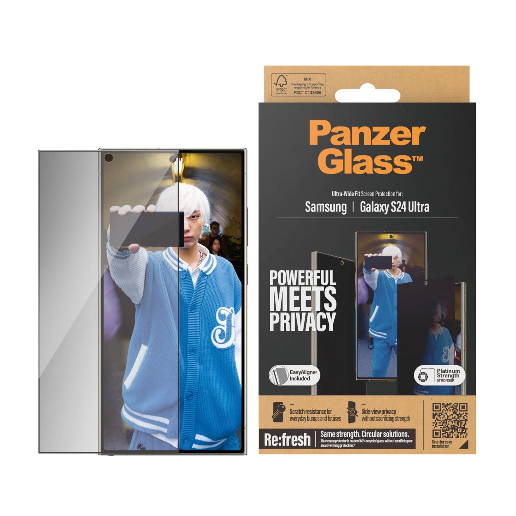 Juodas apsauginis stiklas Samsung Galaxy S24 Ultra Juodas apsauginis stiklas telefonui Samsung Galaxy S24 Ultra PanzerGlass Privacy Tempered Glass su privatumo filtru