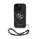 Juodas dėklas telefonui Apple Iphone 16 Pro Max Guess PU su metaliniu logotipu ir juodu karoliu dirželiu