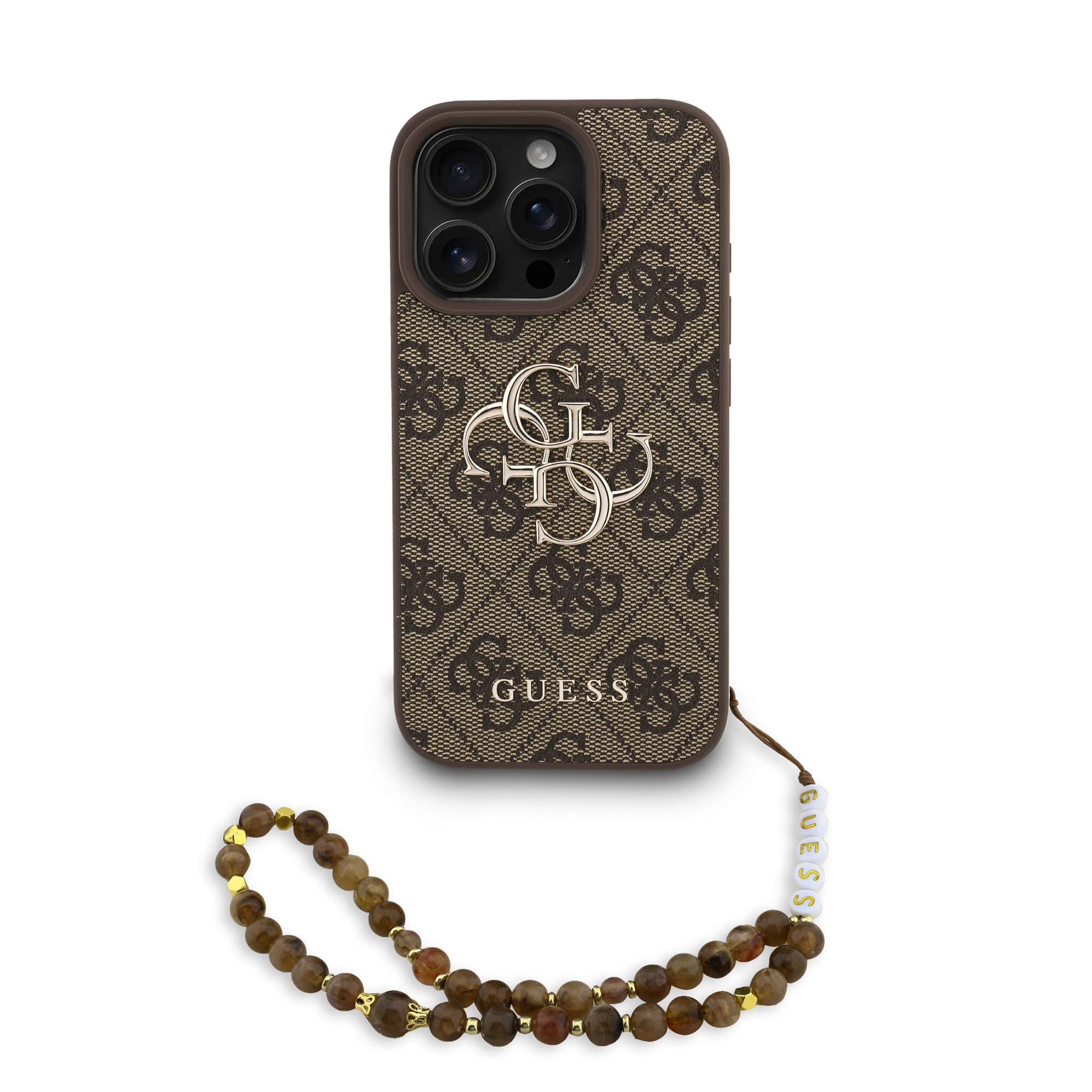 Rudas dėklas telefonui Apple Iphone 16 Pro Guess PU 4G Metal Logo Strap Rudas dėklas telefonui Apple Iphone 16 Pro Guess PU 4G Metal Logo Strap su raštu ir karoliukų riešine