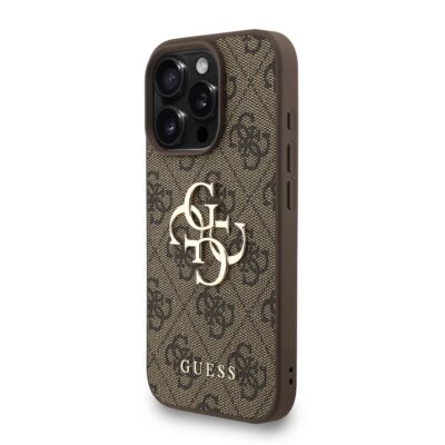 Rudas dėklas telefonui Apple Iphone 16 Pro Guess PU 4G Metal Logo Strap su metaliniu logotipu