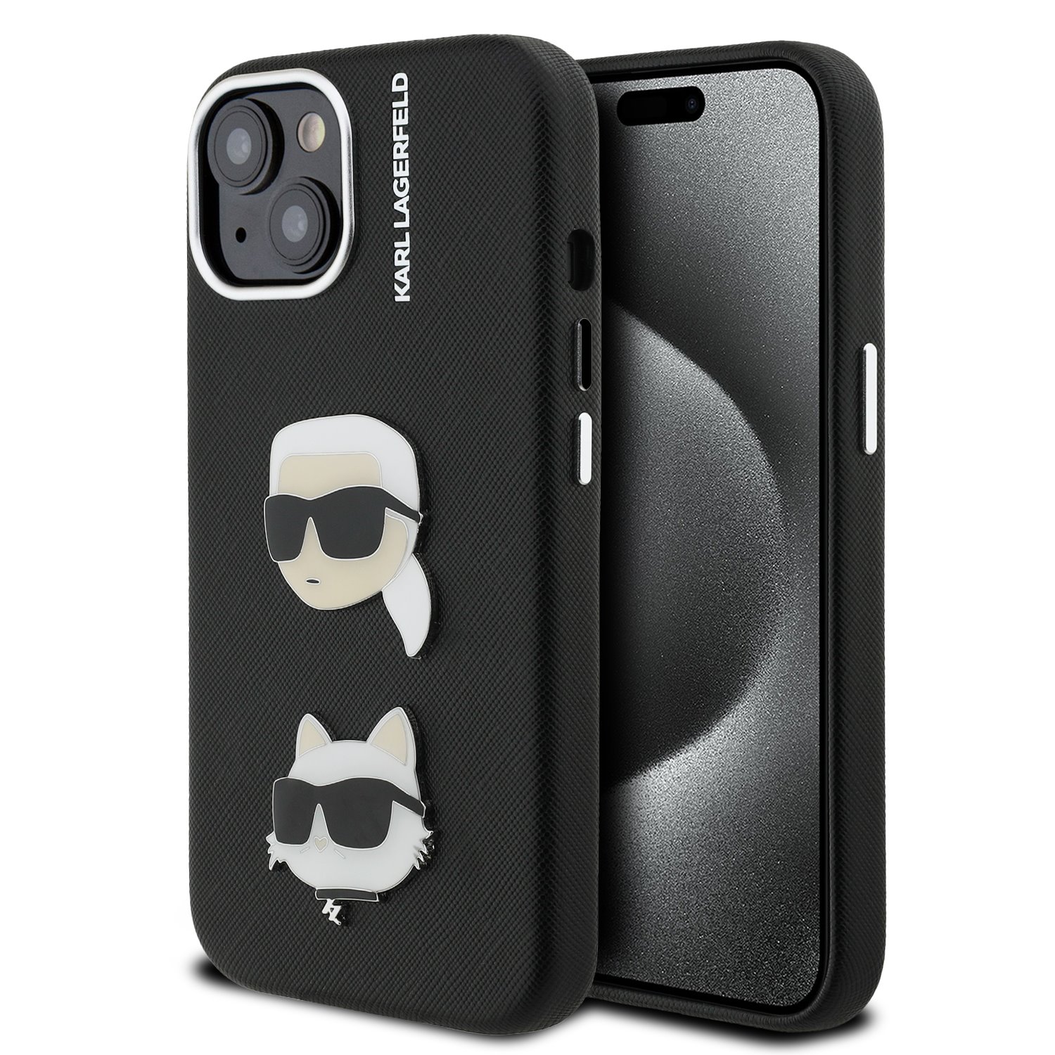 Juodas originalus dėklas Karl Lagerfeld Grained PU K&CH Heads Apple iPhone 15 Juodas originalus dėklas Karl Lagerfeld grained PU modelis su figūrėlėmis K&CH Heads Apple iPhone 15