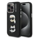 Juodas originalus dėklas Karl Lagerfeld Grained PU K&CH Heads Apple iPhone 15 Pro su išskirtiniais lipdukais