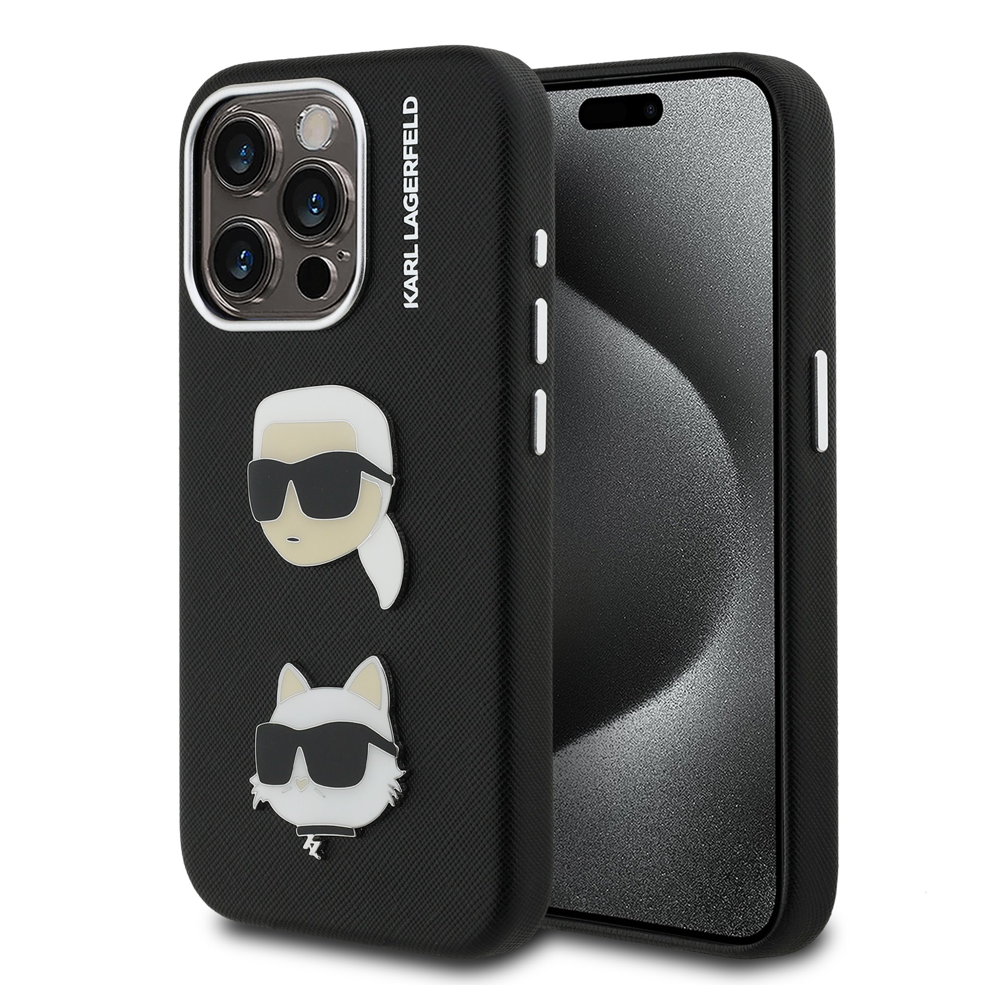 Juodas originalus dėklas Karl Lagerfeld Grained PU KCH Heads Apple iPhone 15 Pro Max Juodas originalus dėklas Karl Lagerfeld Grained PU KCH Heads Apple iPhone 15 Pro Max su baltomis dekoracijomis