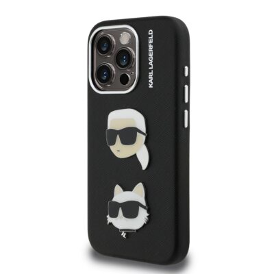 Juodas originalus dėklas Karl Lagerfeld Grained PU su Karl Lagerfeld ir katės figūromis Apple iPhone 15 Pro Max